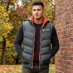 POLO WEAR Men's Black Puffer Performance Vest with Orange Trim. Size L